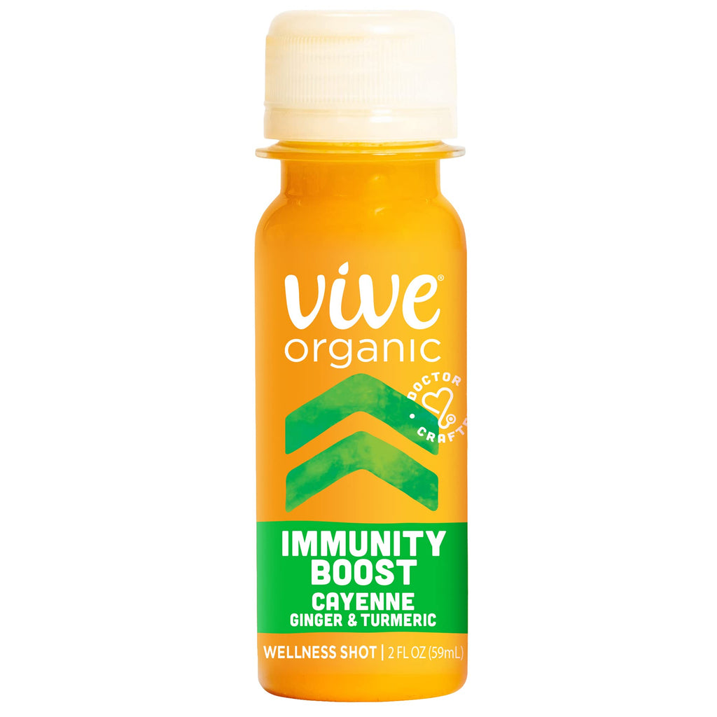 Vive Organic ginger turmeric cayenne wellness juice supplement shot display