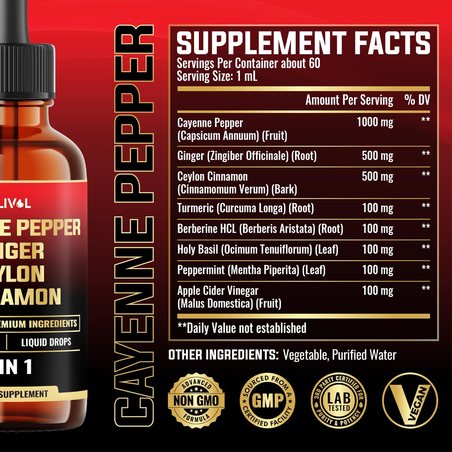 MILIVOL cayenne supplement liquid dropper bottle showing product facts
