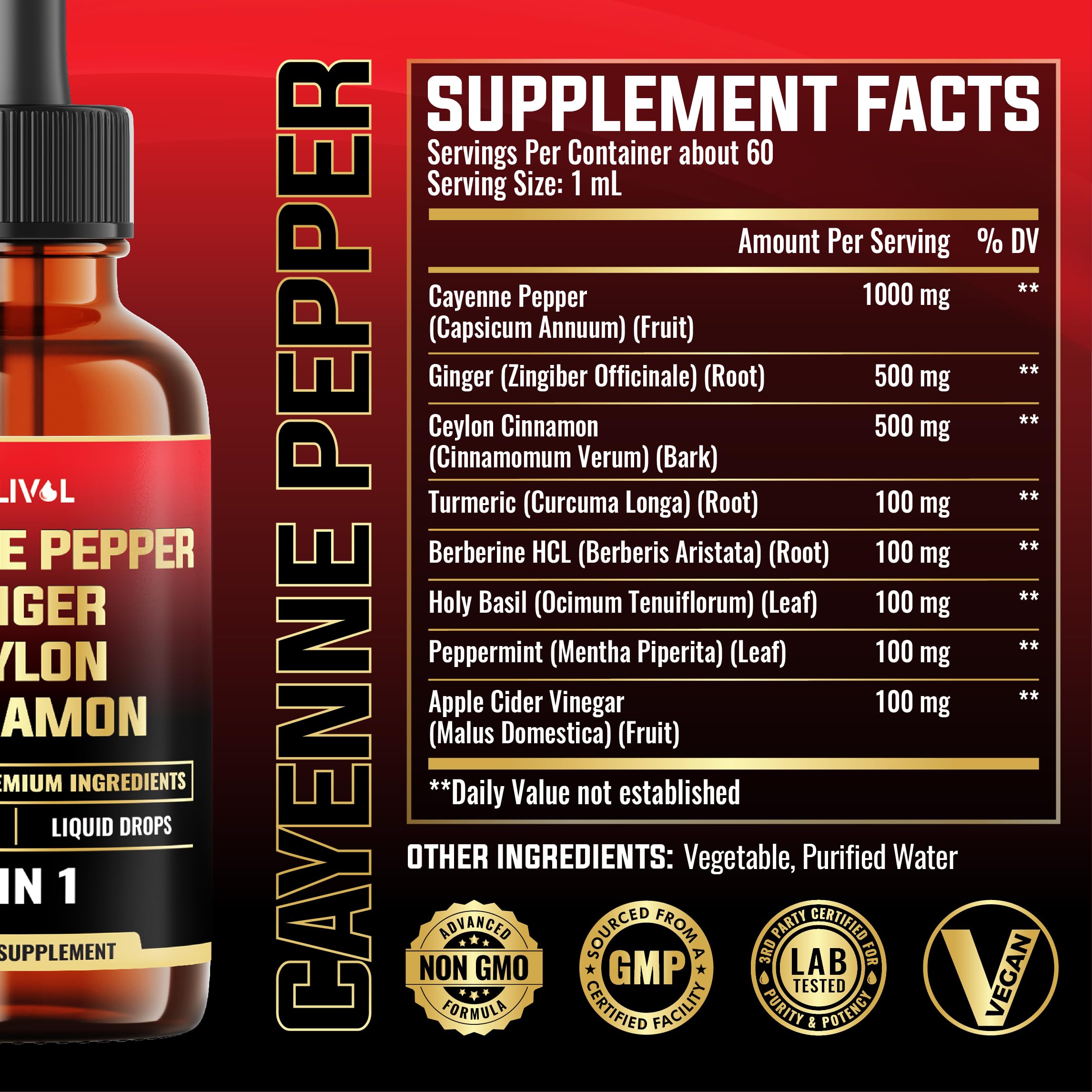 MILIVOL cayenne supplement liquid dropper bottle showing product facts