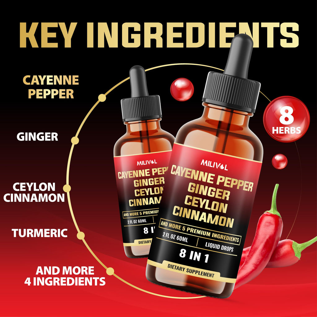 USA imported MILIVOL herbal dietary drops highlighting 8-in-1 ingredients