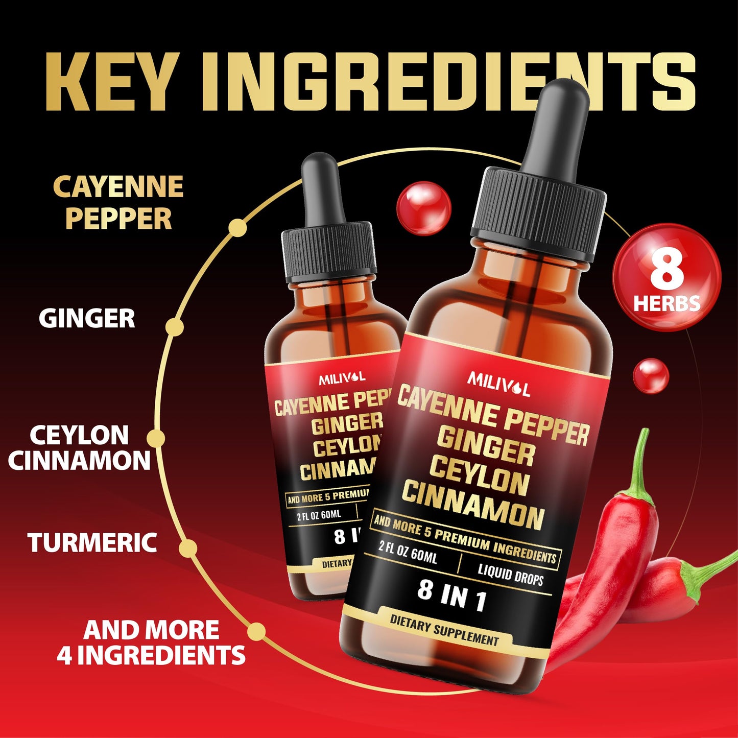 USA imported MILIVOL herbal dietary drops highlighting 8-in-1 ingredients