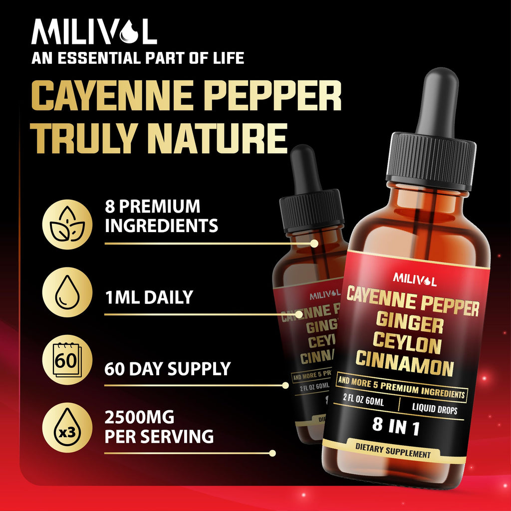 Two fluid ounce bottle of MILIVOL liquid supplement with ginger and cinnamon