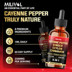 Two fluid ounce bottle of MILIVOL liquid supplement with ginger and cinnamon