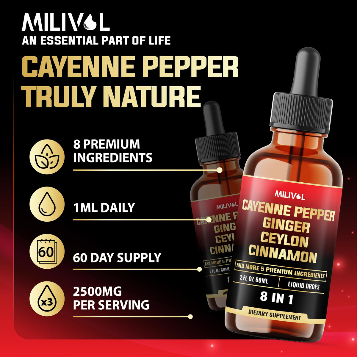 Two fluid ounce bottle of MILIVOL liquid supplement with ginger and cinnamon