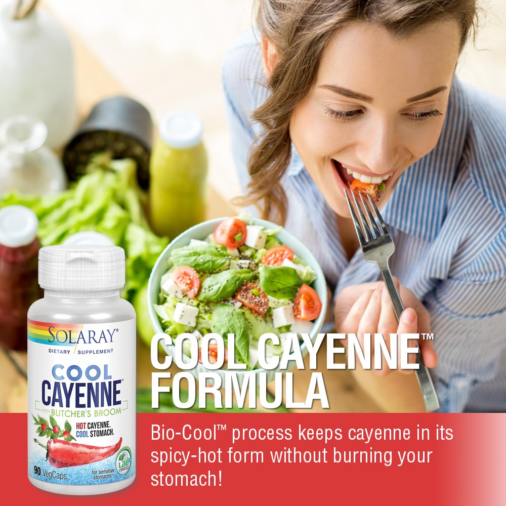 Imported Solaray cayenne pepper dietary supplement bottle showing Bio Cool formula details