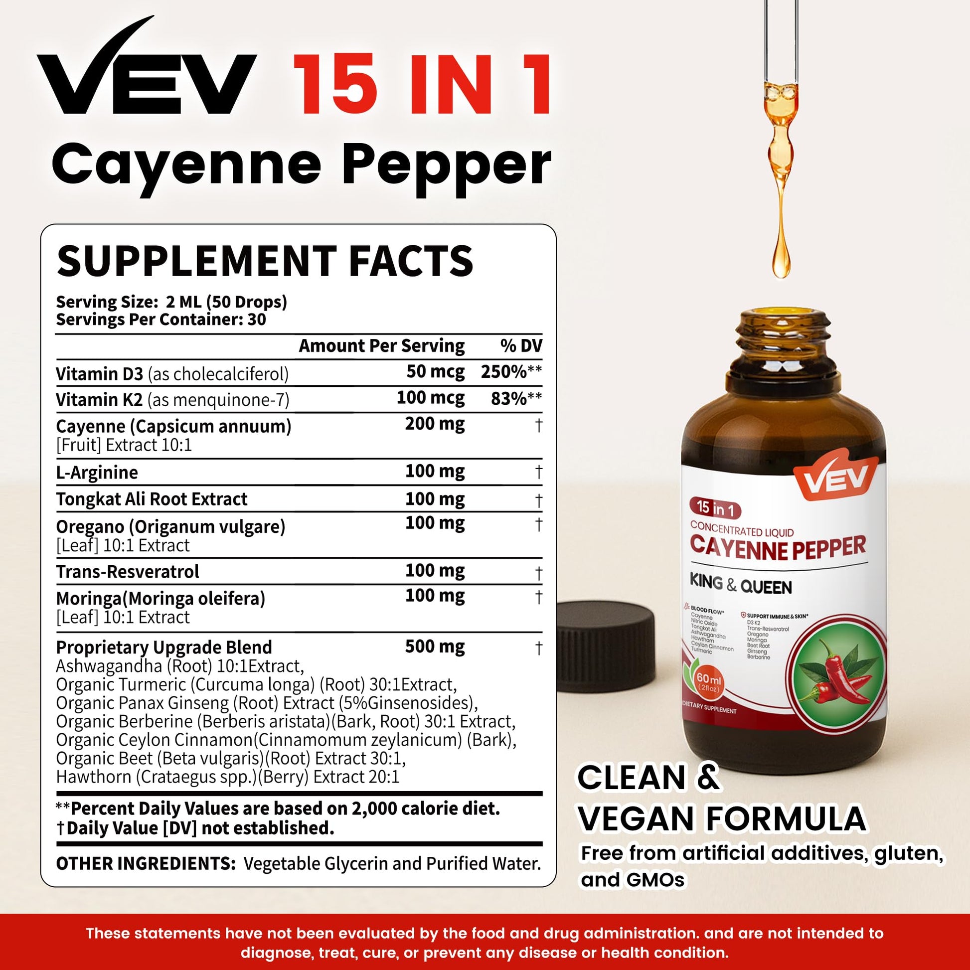 VEV liquid cayenne pepper supplement dropper bottle for heart health support