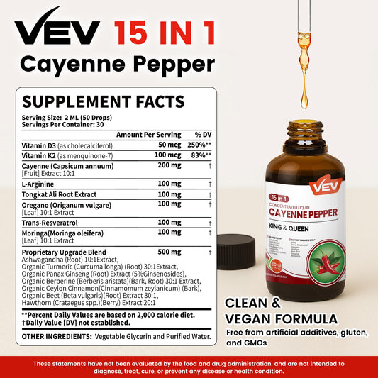 VEV liquid cayenne pepper supplement dropper bottle for heart health support
