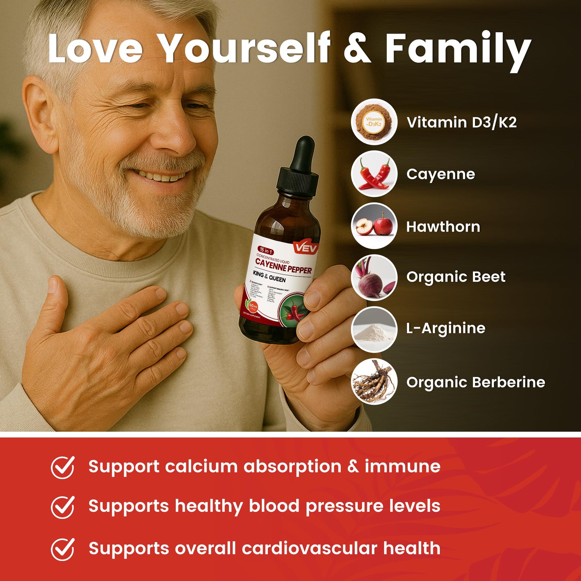 VEV cayenne pepper concentrated liquid formula with vitamin D3 and K2 ingredients