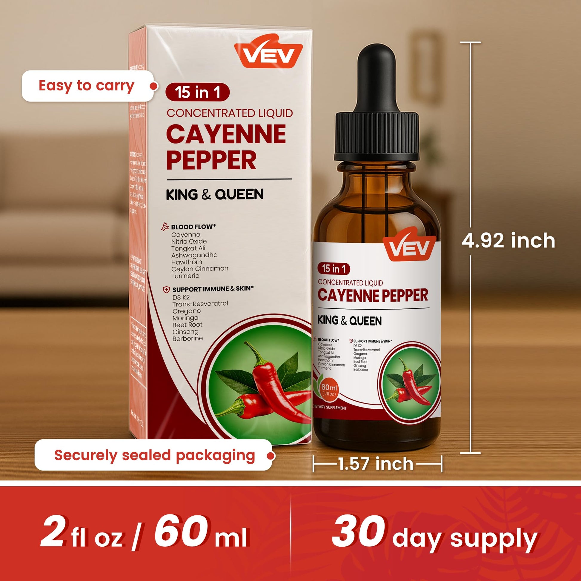 Vegan and non GMO certification icons on VEV cayenne pepper liquid bottle