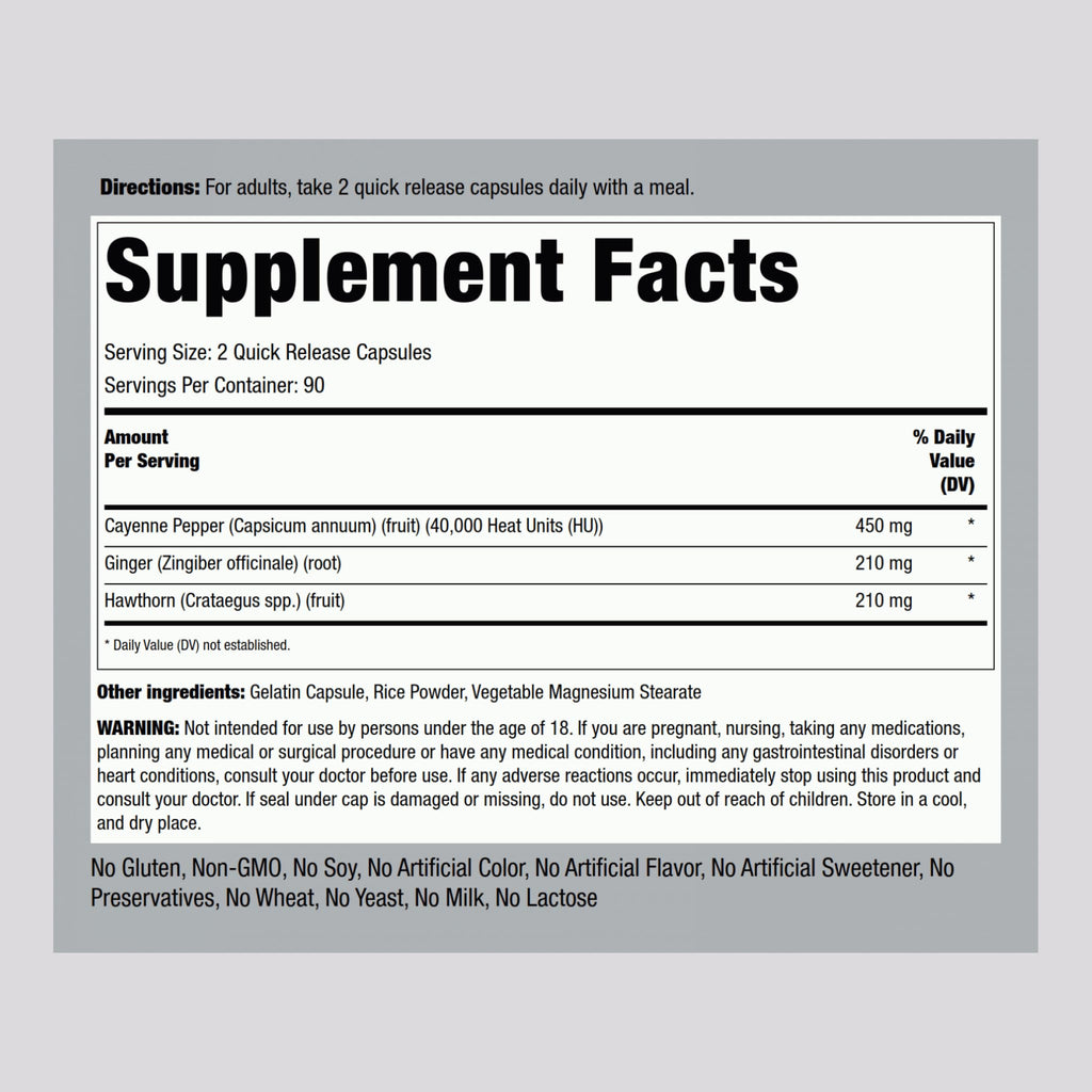 Piping Rock Ultra Max Cayenne Plus packaging showing supplement facts label and 450 mg serving size details