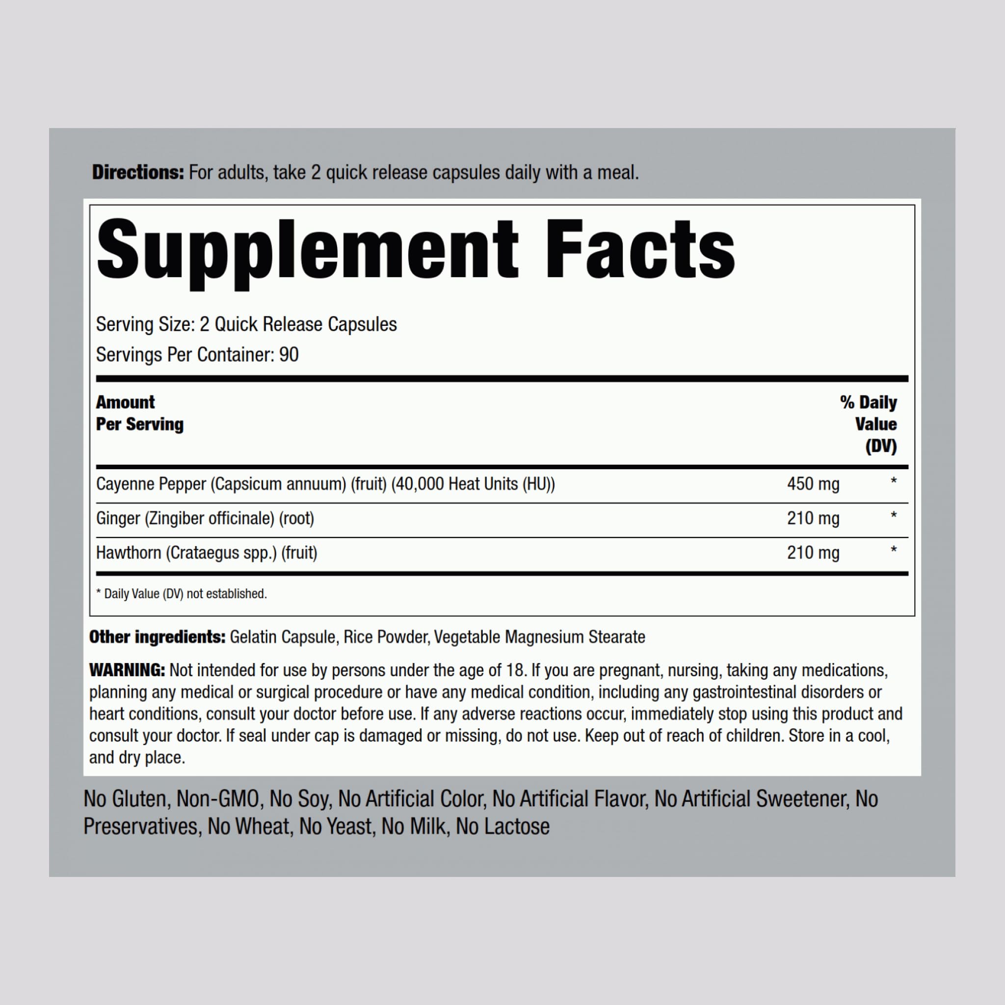 Piping Rock Ultra Max Cayenne Plus packaging showing supplement facts label and 450 mg serving size details
