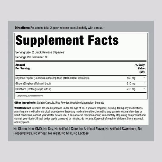 Piping Rock Ultra Max Cayenne Plus packaging showing supplement facts label and 450 mg serving size details