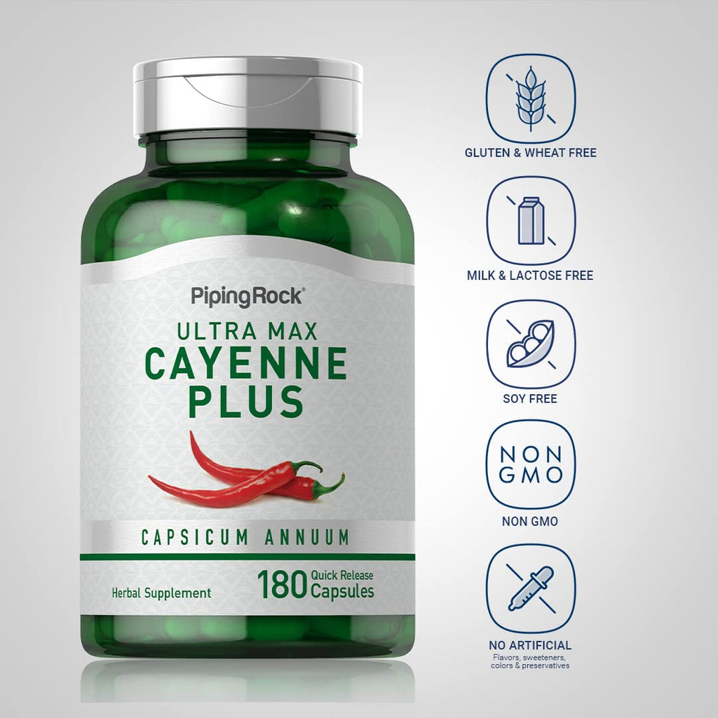 Side profile of Piping Rock capsicum annuum herbal supplement bottle showing non-GMO and gluten-free certifications