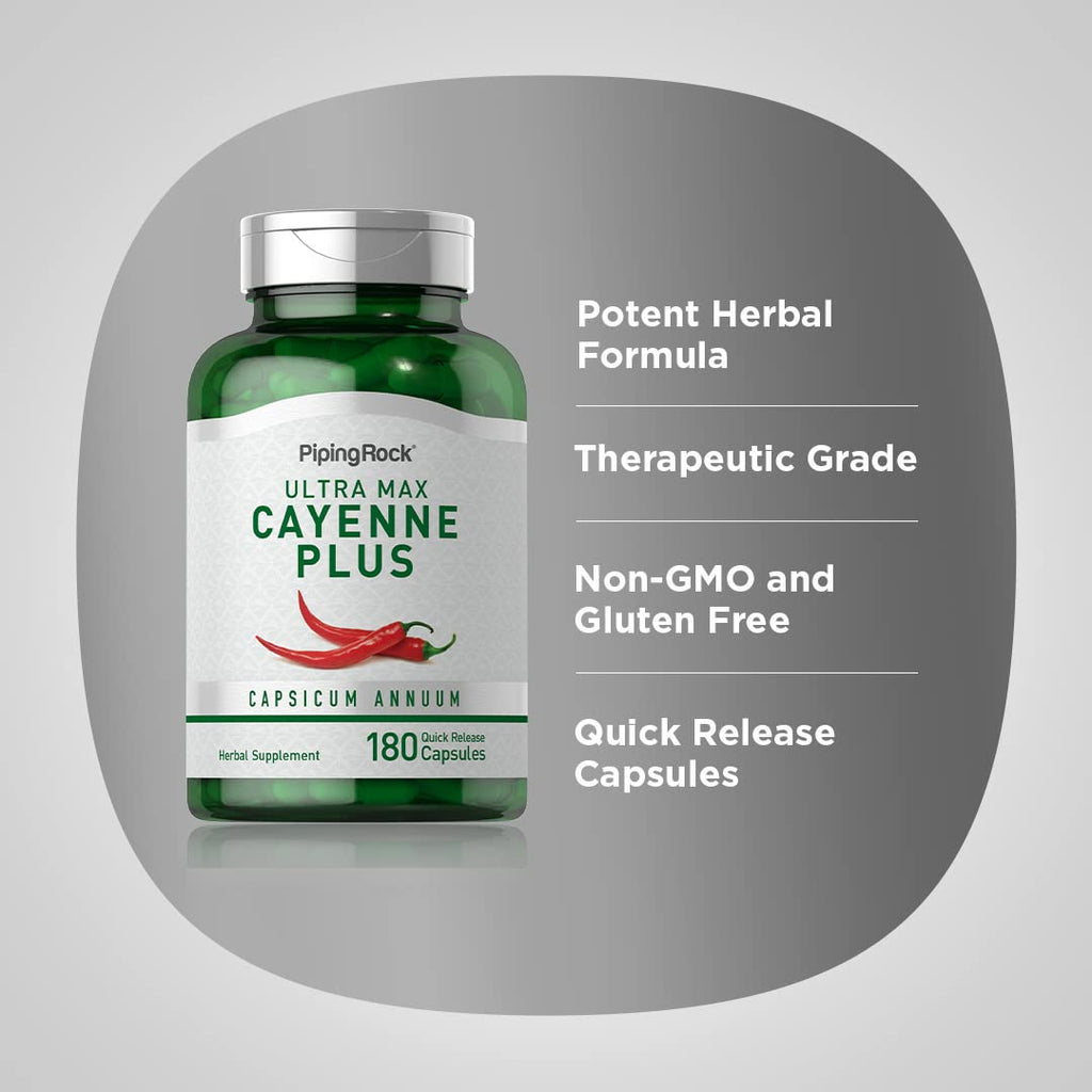 Close-up view of Piping Rock cayenne pepper capsules with ginger and hawthorn berry highlights on the label