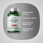 Close-up view of Piping Rock cayenne pepper capsules with ginger and hawthorn berry highlights on the label