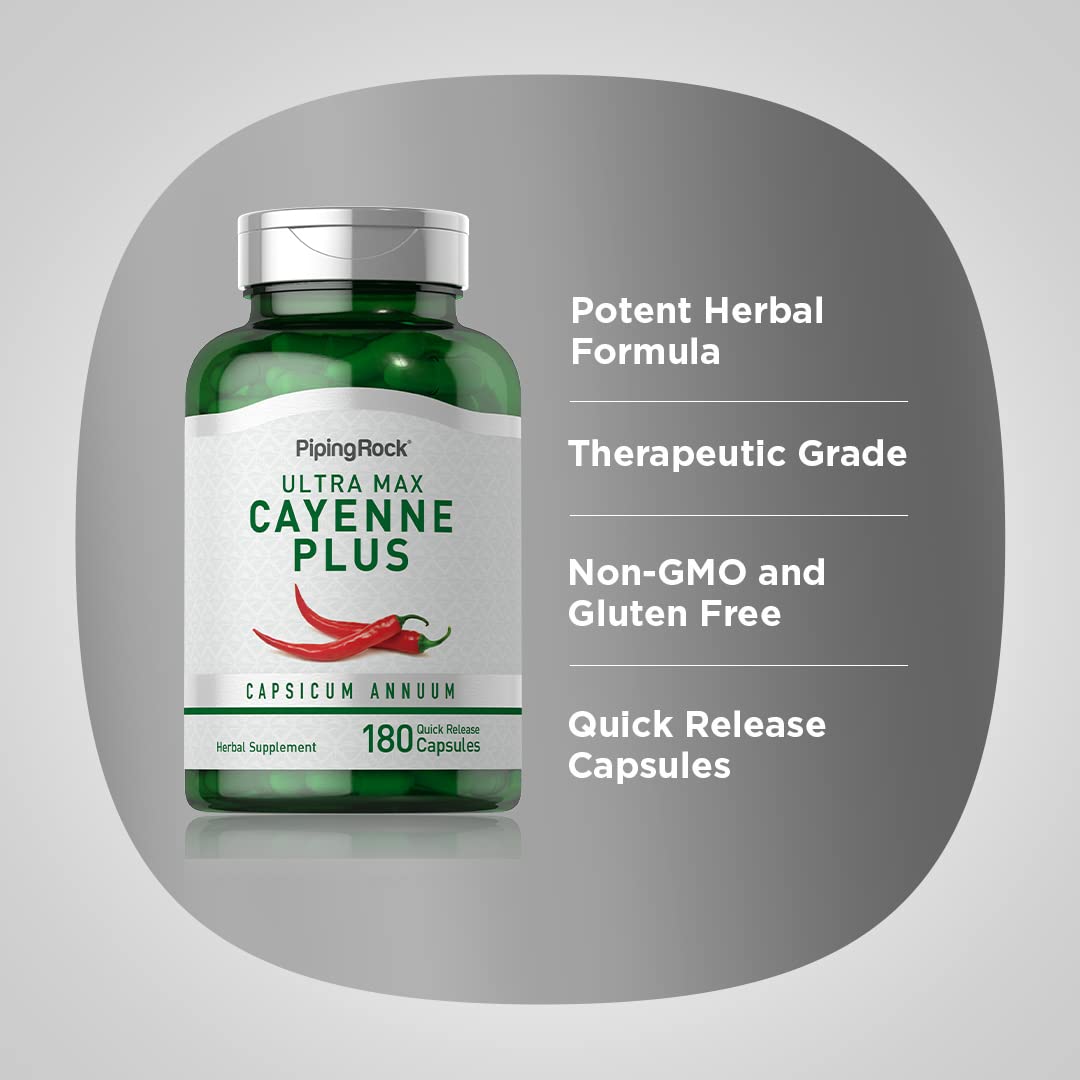 Close-up view of Piping Rock cayenne pepper capsules with ginger and hawthorn berry highlights on the label