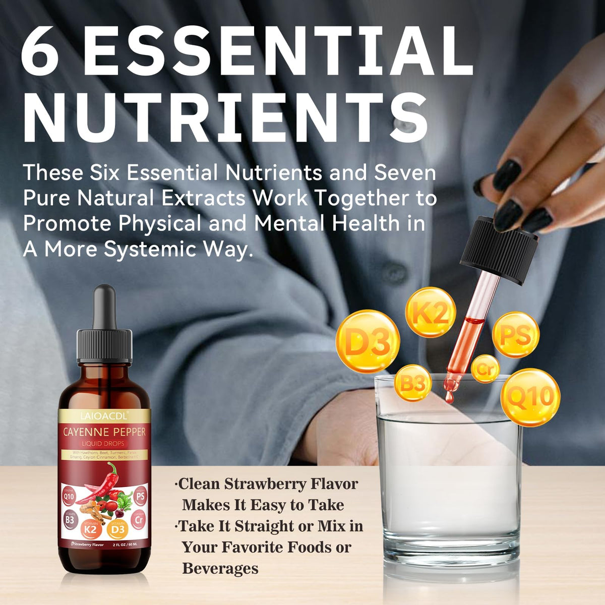 Side view of the 2 fluid ounce bottle highlighting the Vitamin D3 and K2 blend.