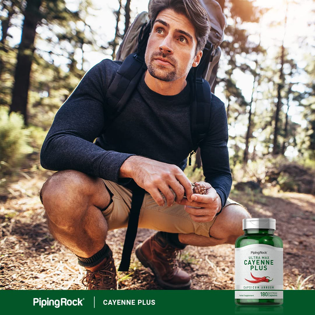 Authentic USA-imported Piping Rock cayenne plus supplement bottle displayed on a clean background