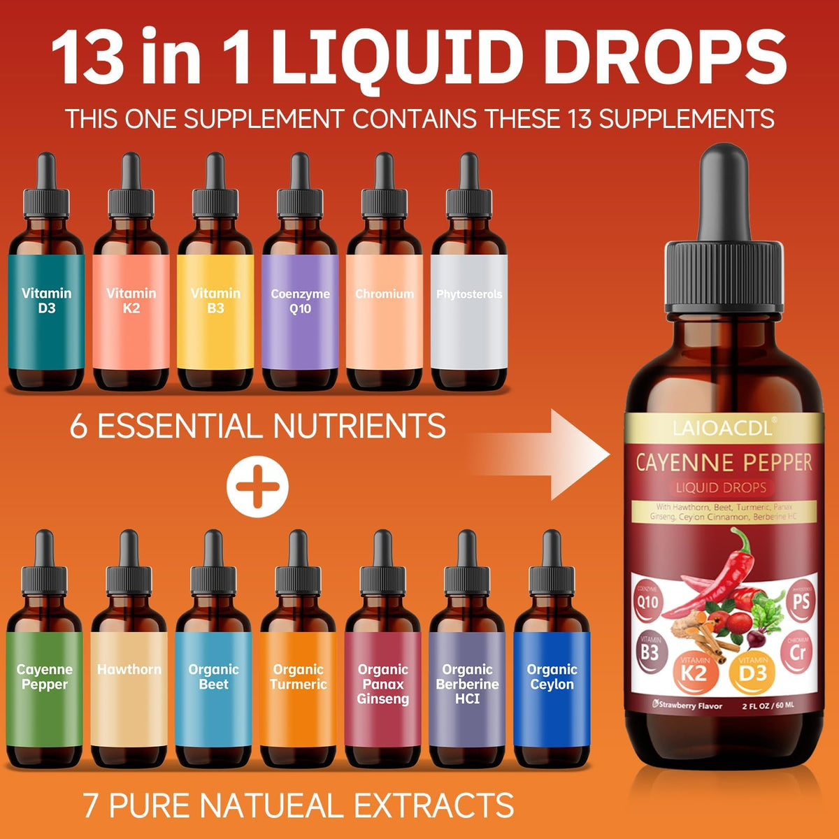 LAIOACDL non-GMO vegetarian cayenne pepper supplement showing the liquid dropper application.