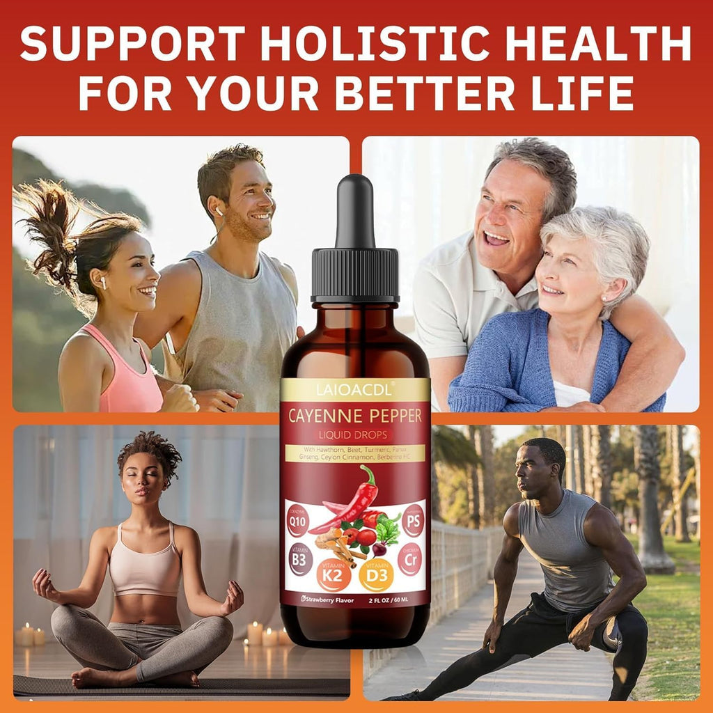 LAIOACDL liquid metabolism support drops bottle alongside natural strawberry and herbal graphics.