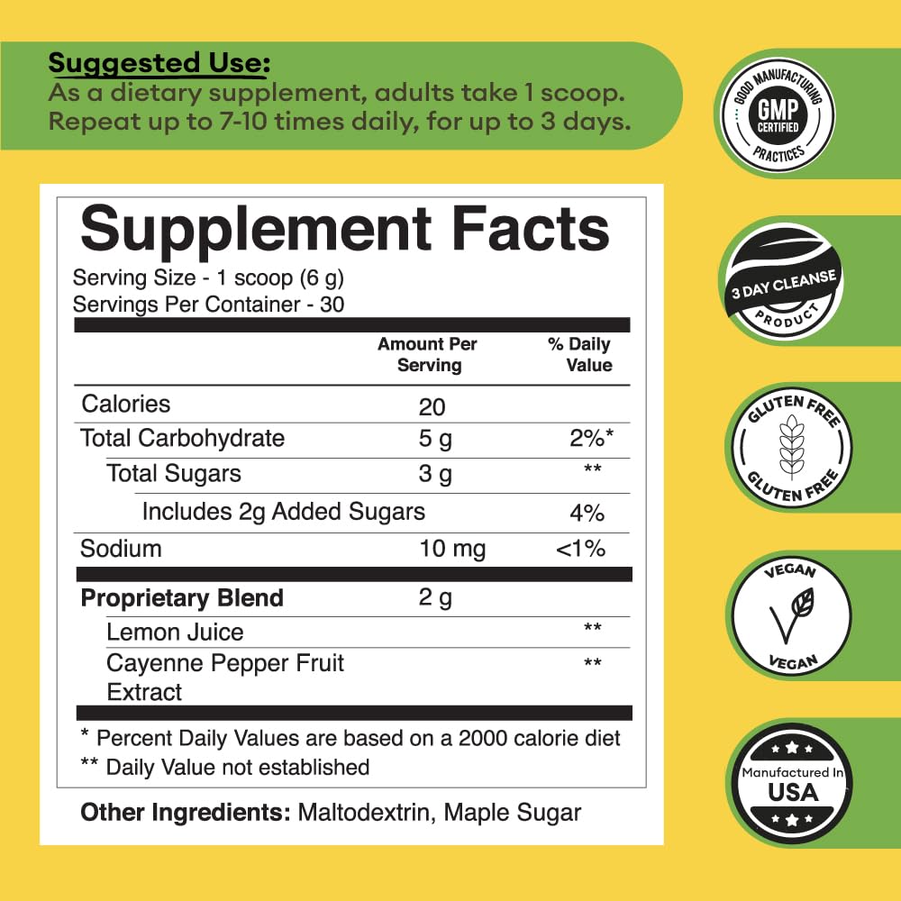 Grass Root Naturals lemonade detox supplement ingredient panel showing lemon and cayenne