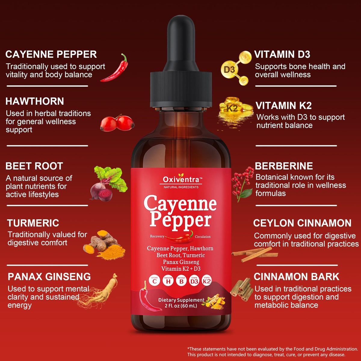 Oxiventra organic cayenne pepper supplement with ginseng and turmeric.