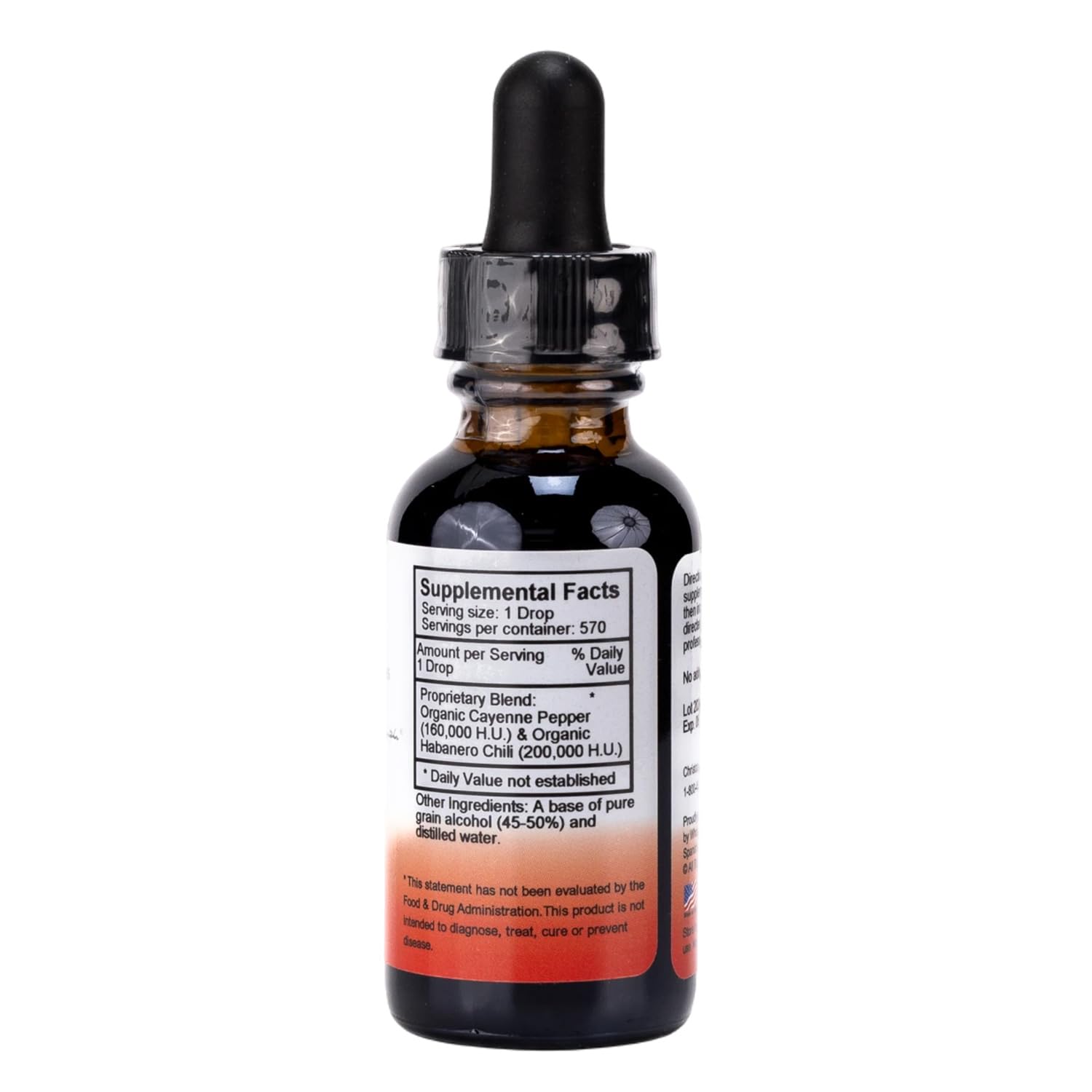 Liquid herbal supplement packaging showing the organic cayenne pepper ingredients list.
