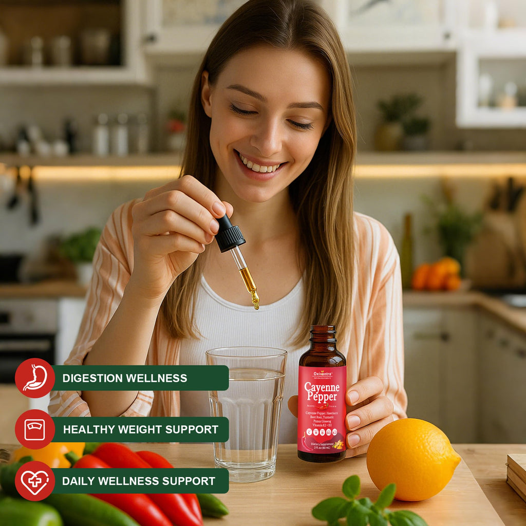 Close up of Valleylux Oxiventra herbal supplement four fluid ounce bottle.