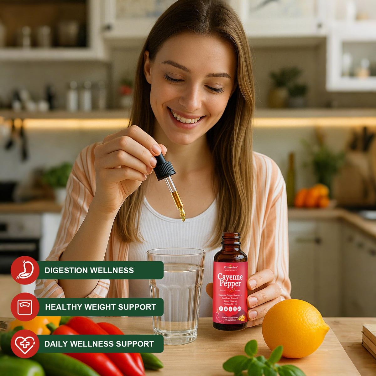 Close up of Valleylux Oxiventra herbal supplement four fluid ounce bottle.