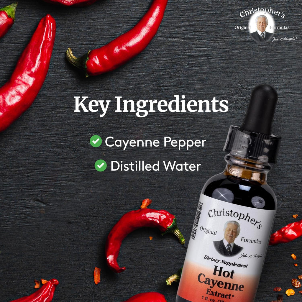 Concentrated hot cayenne liquid drops with glass dropper applicator.