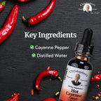 Concentrated hot cayenne liquid drops with glass dropper applicator.
