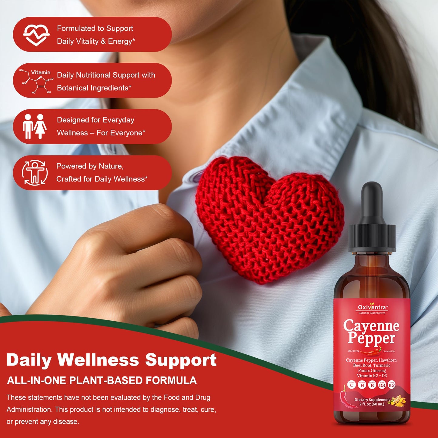 Nutritional facts and ingredients on Oxiventra cayenne pepper drops label.