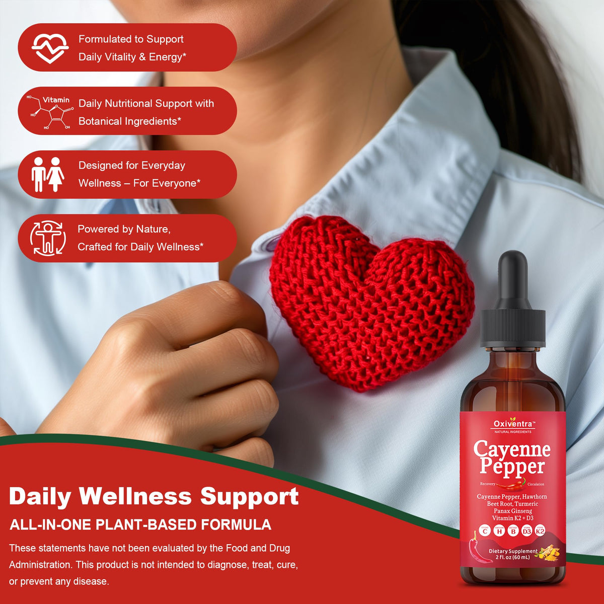 Nutritional facts and ingredients on Oxiventra cayenne pepper drops label.