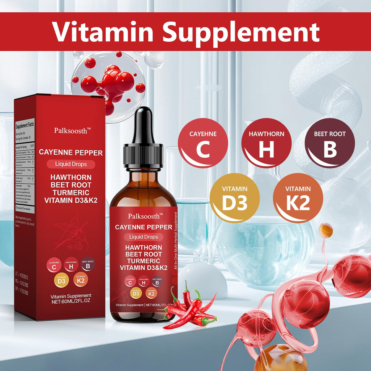 Palksoosth 60ml twin pack dietary supplement glass bottles showing nutritional facts label