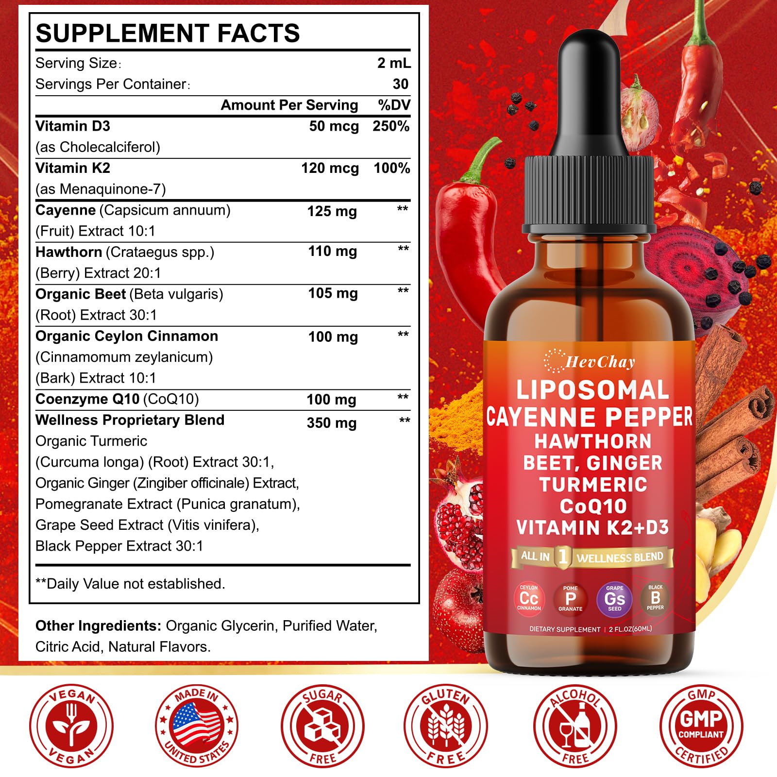 HevChay 2 Fluid Ounce supplement bottle label details