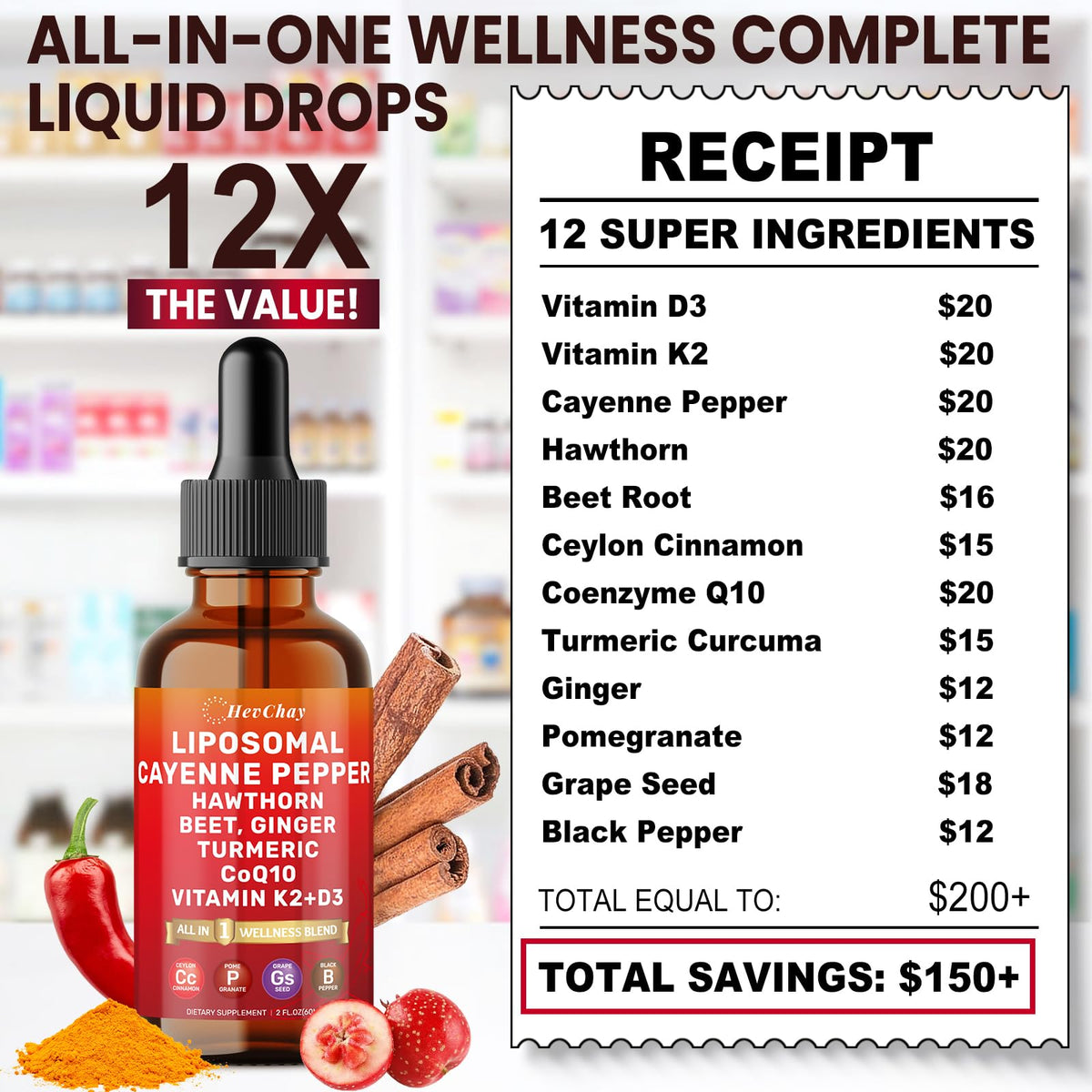 Close up of HevChay liposomal cayenne pepper drops dosage