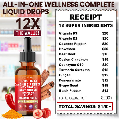 Close up of HevChay liposomal cayenne pepper drops dosage