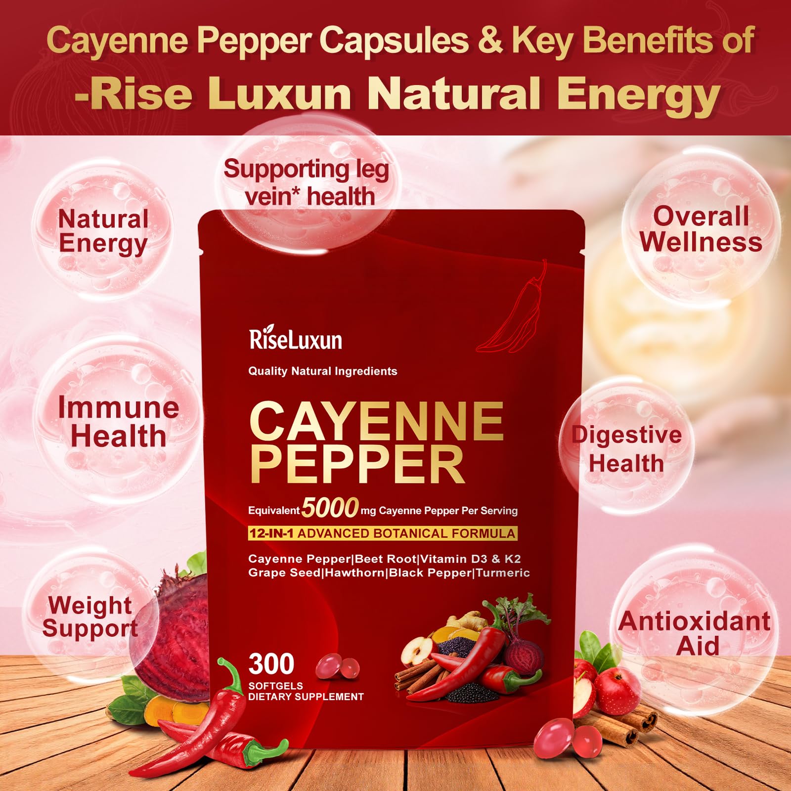 VivoNu dietary supplement packaging showing the 300 count softgel quantity and heart health benefits.