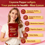 Cayenne pepper pills displayed next to natural ingredients like beet root, hawthorn berry, and turmeric.