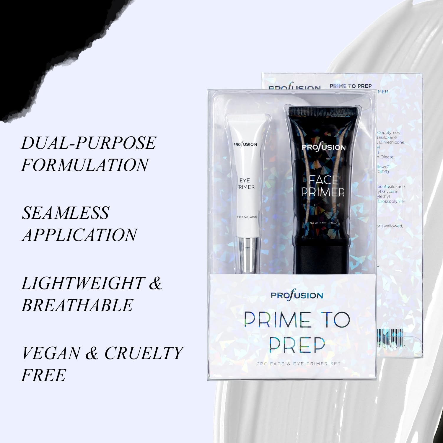 Side view of the Profusion Cosmetics eye and face primer tubes together.