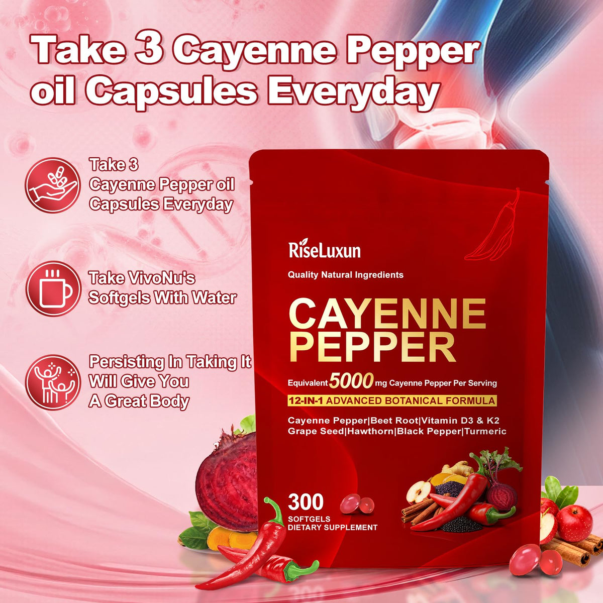 Side view of RiseLuxun cayenne pepper complex package highlighting blood vessel and leg vein support features.