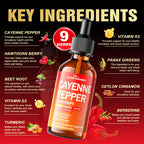 Side angle of the 2 fluid ounce JOHN RAMBO cayenne pepper extract dropper bottle highlighting heart wellness ingredients.