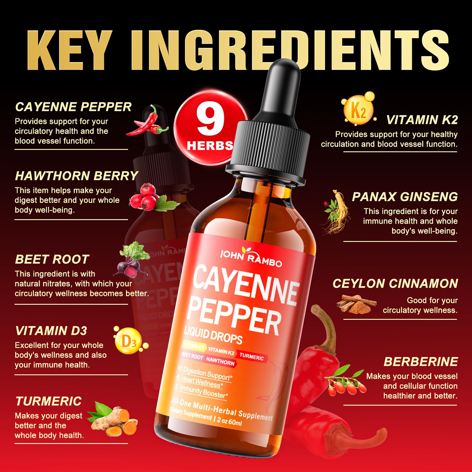Side angle of the 2 fluid ounce JOHN RAMBO cayenne pepper extract dropper bottle highlighting heart wellness ingredients.