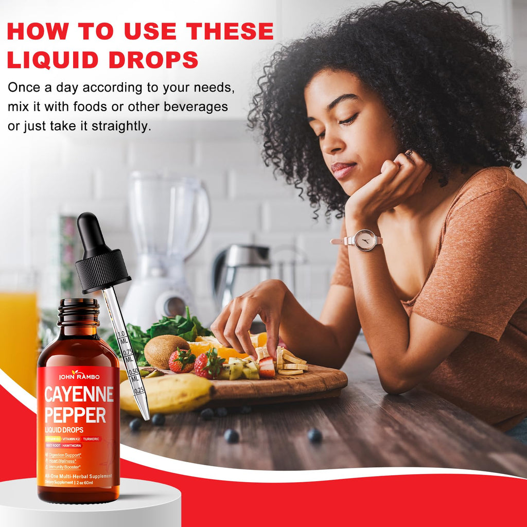 JOHN RAMBO organic cayenne pepper extract bottle displayed next to a glass of water illustrating daily liquid wellness serving size.