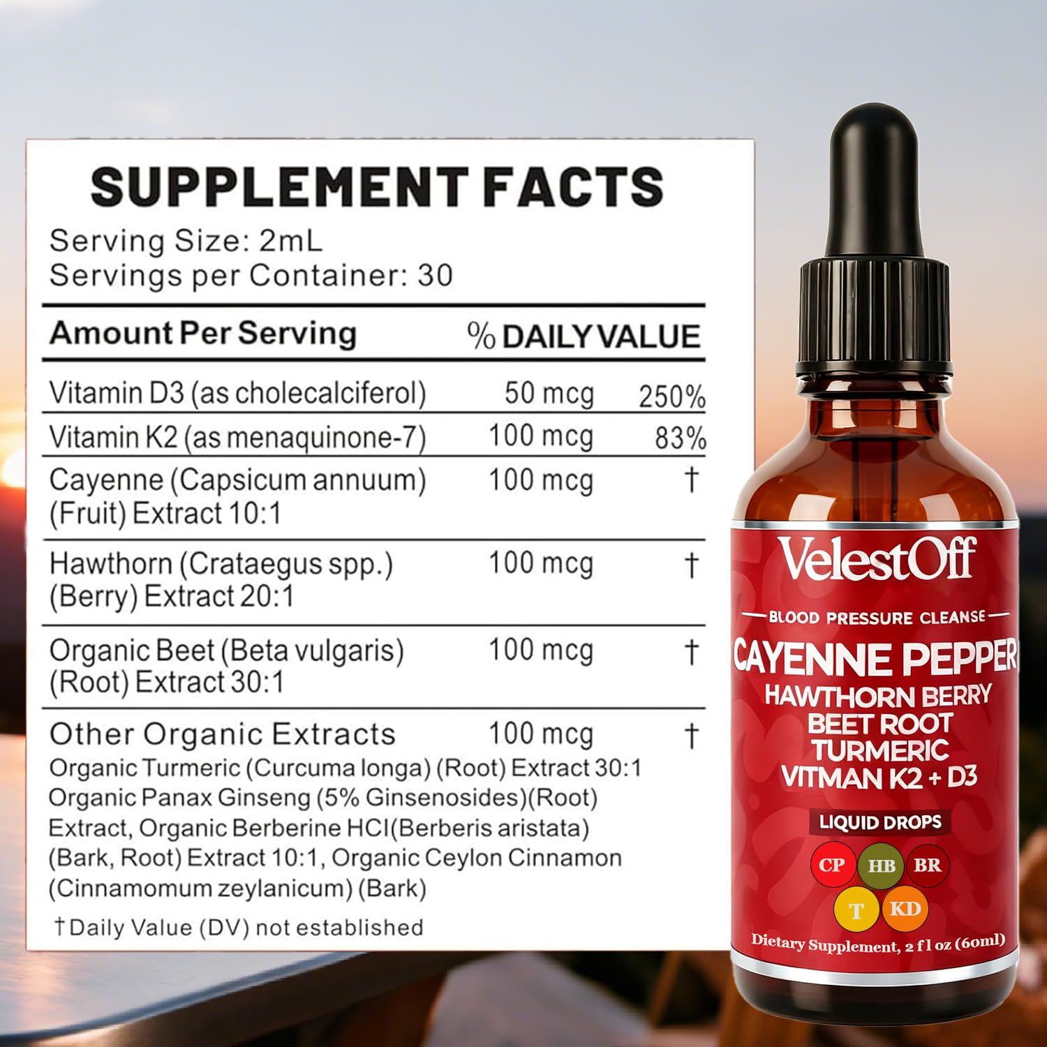 Lanzf Velestoff Cayenne Pepper supplement liquid showing ingredients and dropper
