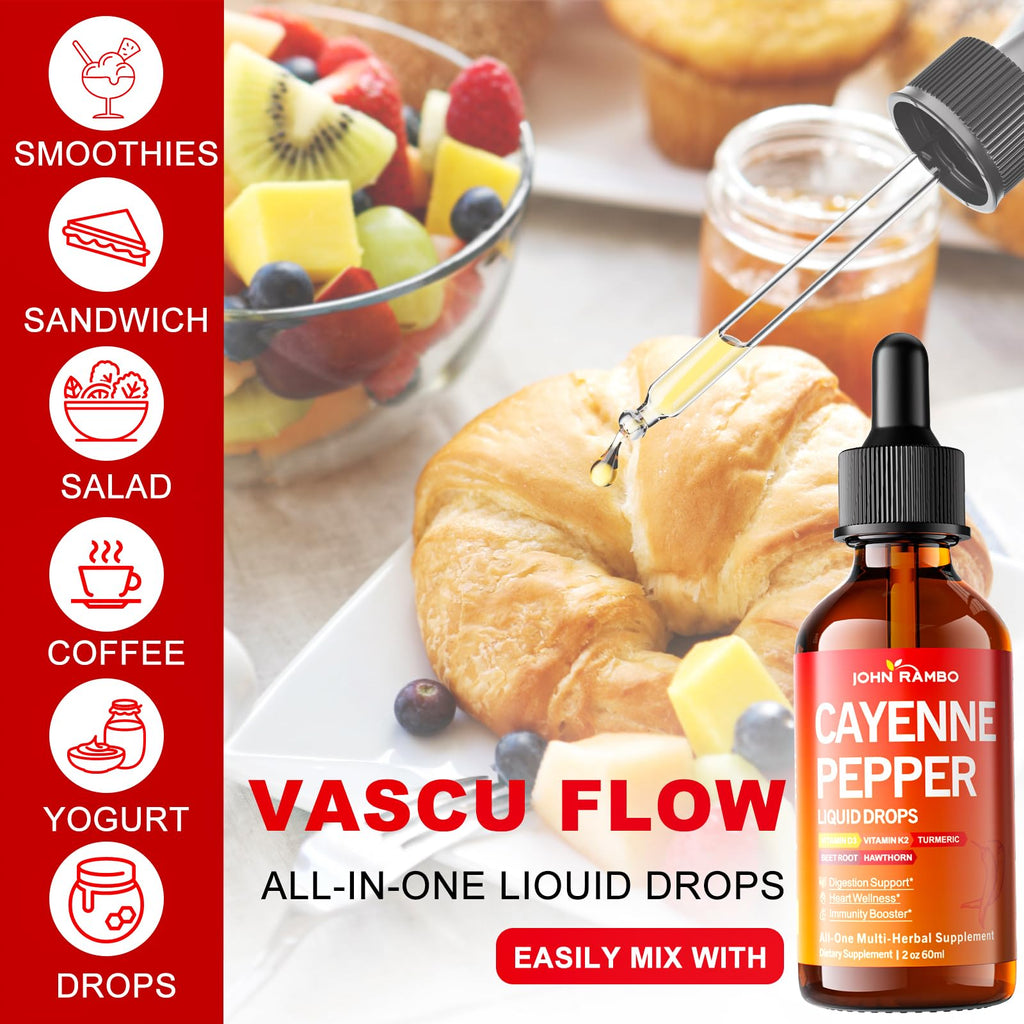 Authentic USA imported JOHN RAMBO cayenne pepper liquid drops demonstrating the built in precise measuring dropper system.