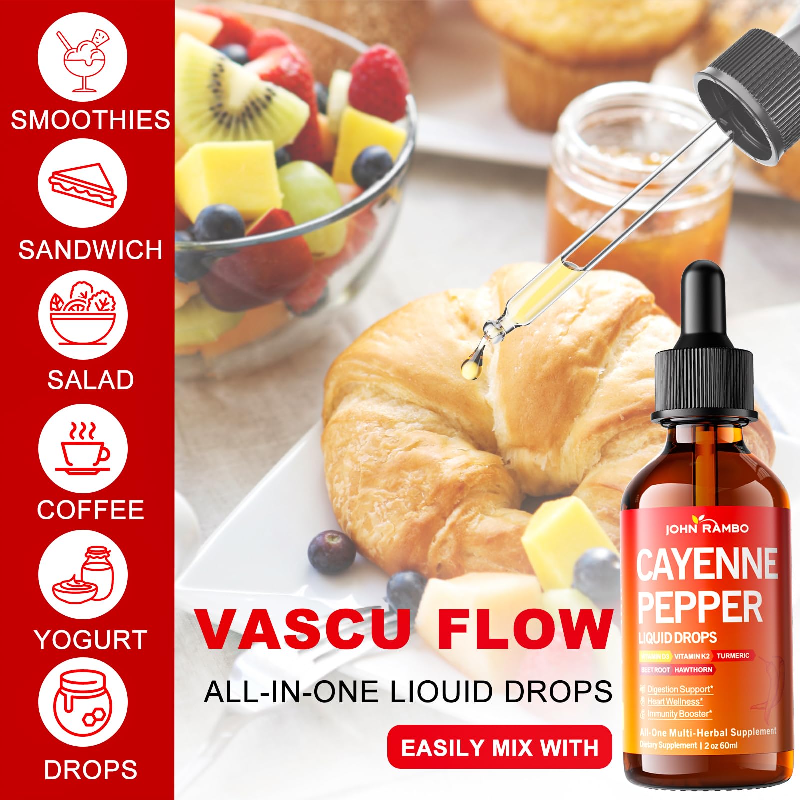 Authentic USA imported JOHN RAMBO cayenne pepper liquid drops demonstrating the built in precise measuring dropper system.