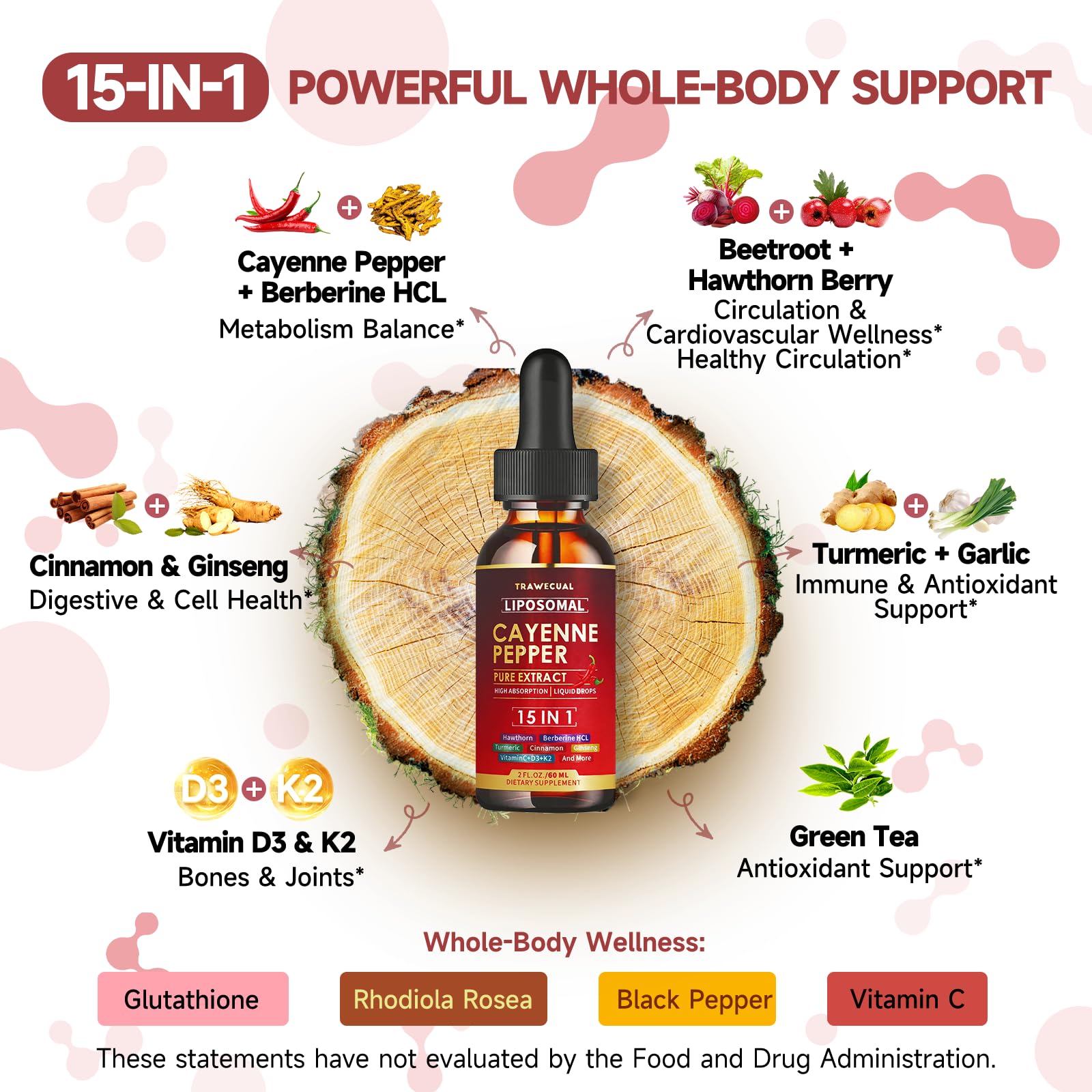 Trawecual cayenne pepper dietary supplement bottle with vitamin D3 and K2
