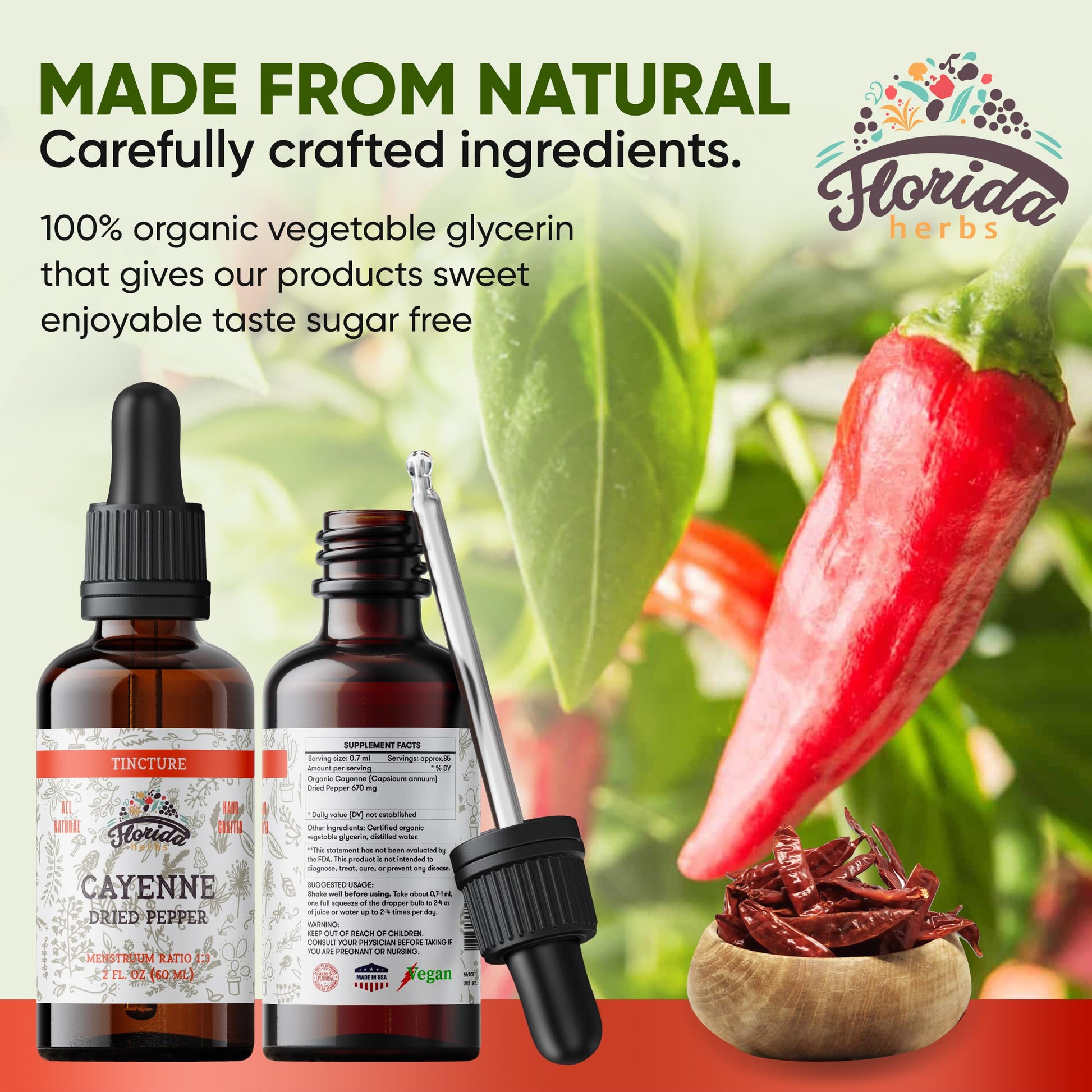 Alcohol free organic cayenne extract vegetable glycerin formulation side view.