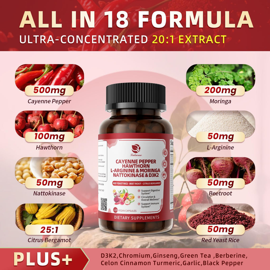 Lukaree Cayenne Pepper high potency 20 to 1 extract capsules for heart health nutrition
